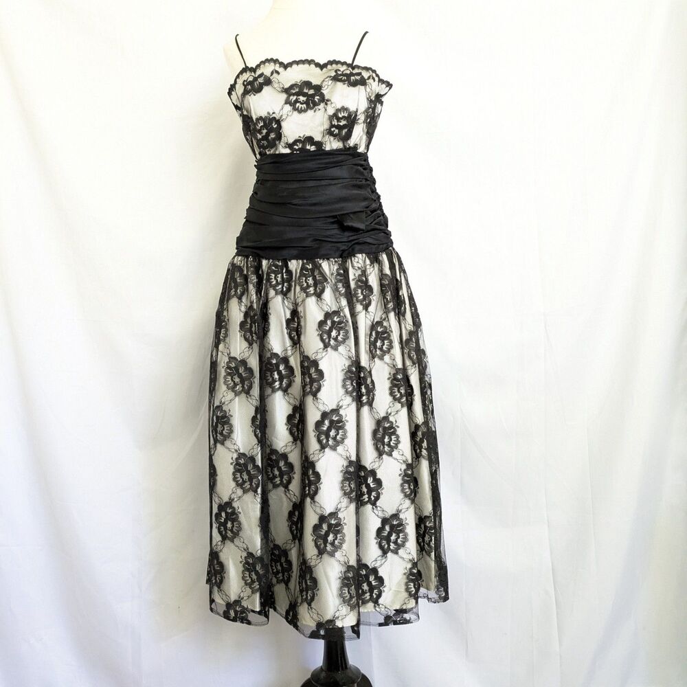 Vintage 80s 90s Bonnell Black White Floral Lace Party Dress XS Junior 3/4 USA